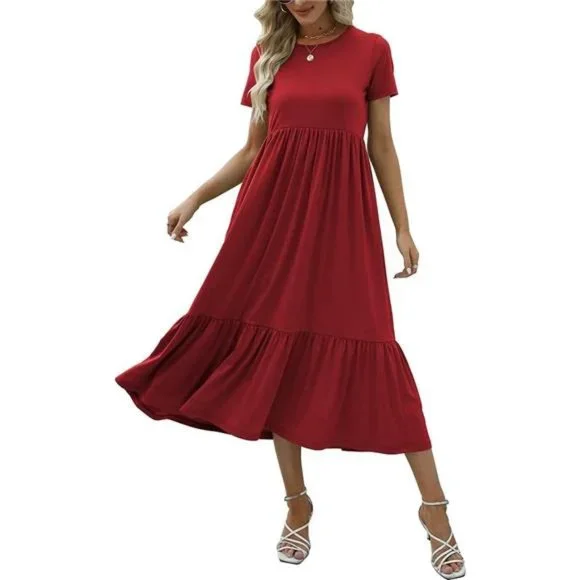 Dresses | Womens Flowy Tiered Maxi Dress Crewneck High Waist Swing Dress  With Pocket | Poshmark